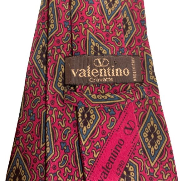 Made in France Valentino 100% Silk Tie Red Background Diamond-shaped Figure - Picture 1 of 6
